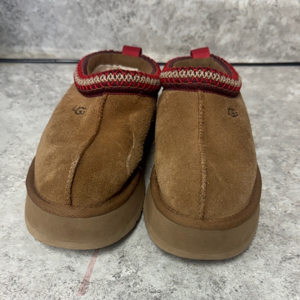 UGG Brown Suede Slip-Ons with Red Accents - Picture 3 of 8